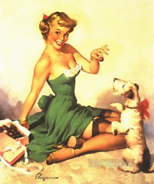 Pin up Painting - pin up with dog in red bow